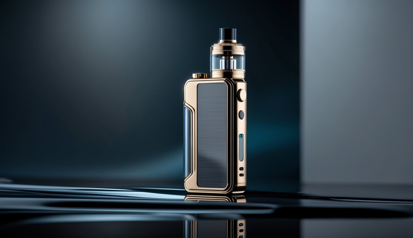 Sebuah perangkat vape mewah terbaru tahun 2025 yang diletakkan di atas permukaan hitam mengkilap dengan latar belakang minimalis.