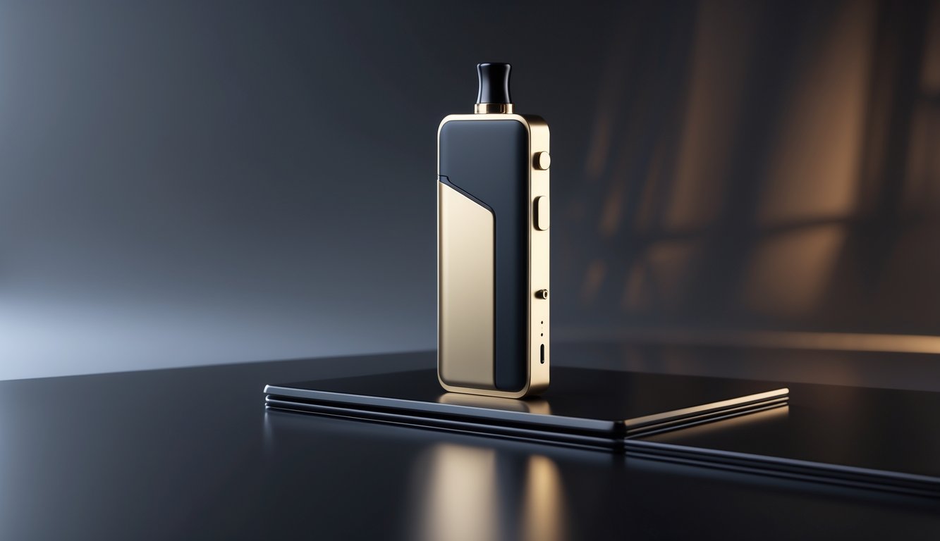 Sebuah perangkat vape premium eksklusif berwarna emas dan hitam diletakkan di atas permukaan hitam mengkilap dengan latar belakang buram.