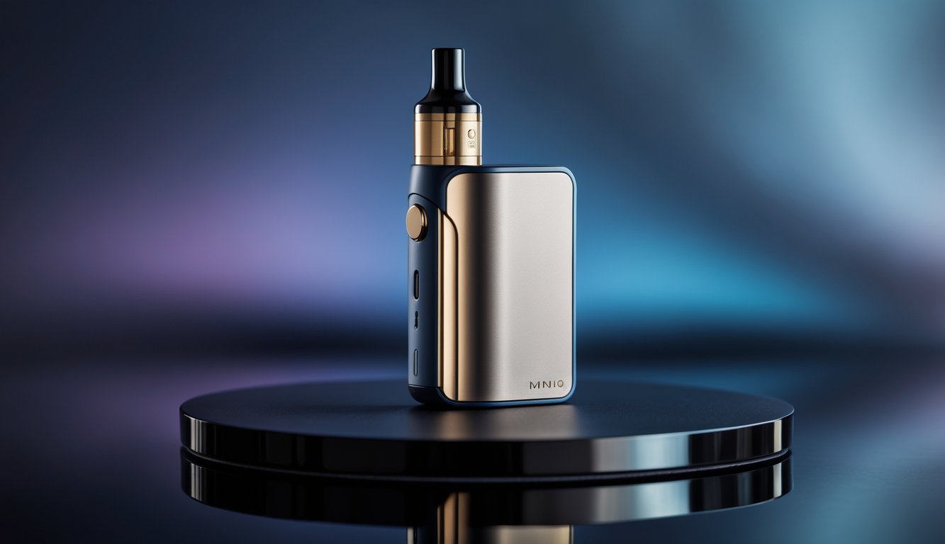 Sebuah perangkat vape mewah ditempatkan di atas permukaan hitam yang memantulkan cahaya dengan latar belakang buram berwarna biru dan ungu.