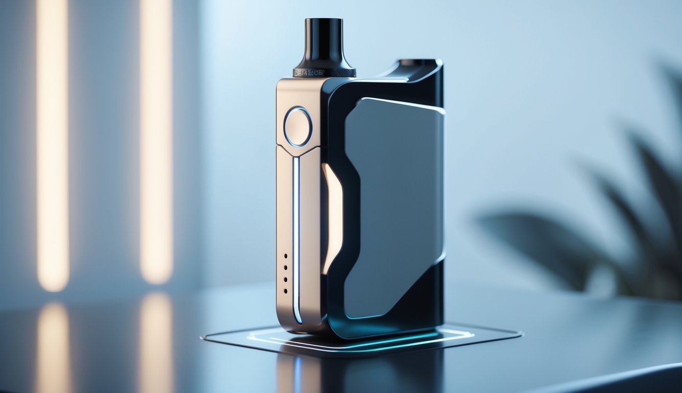 Sebuah perangkat vape modern dan elegan diletakkan di atas permukaan reflektif dengan latar belakang buram.