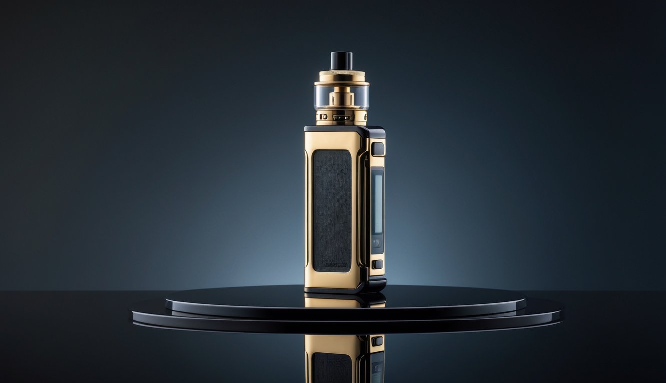 Sebuah perangkat vape premium edisi terbatas berwarna hitam dan emas diletakkan di atas permukaan hitam mengkilap dengan latar belakang gradasi gelap.