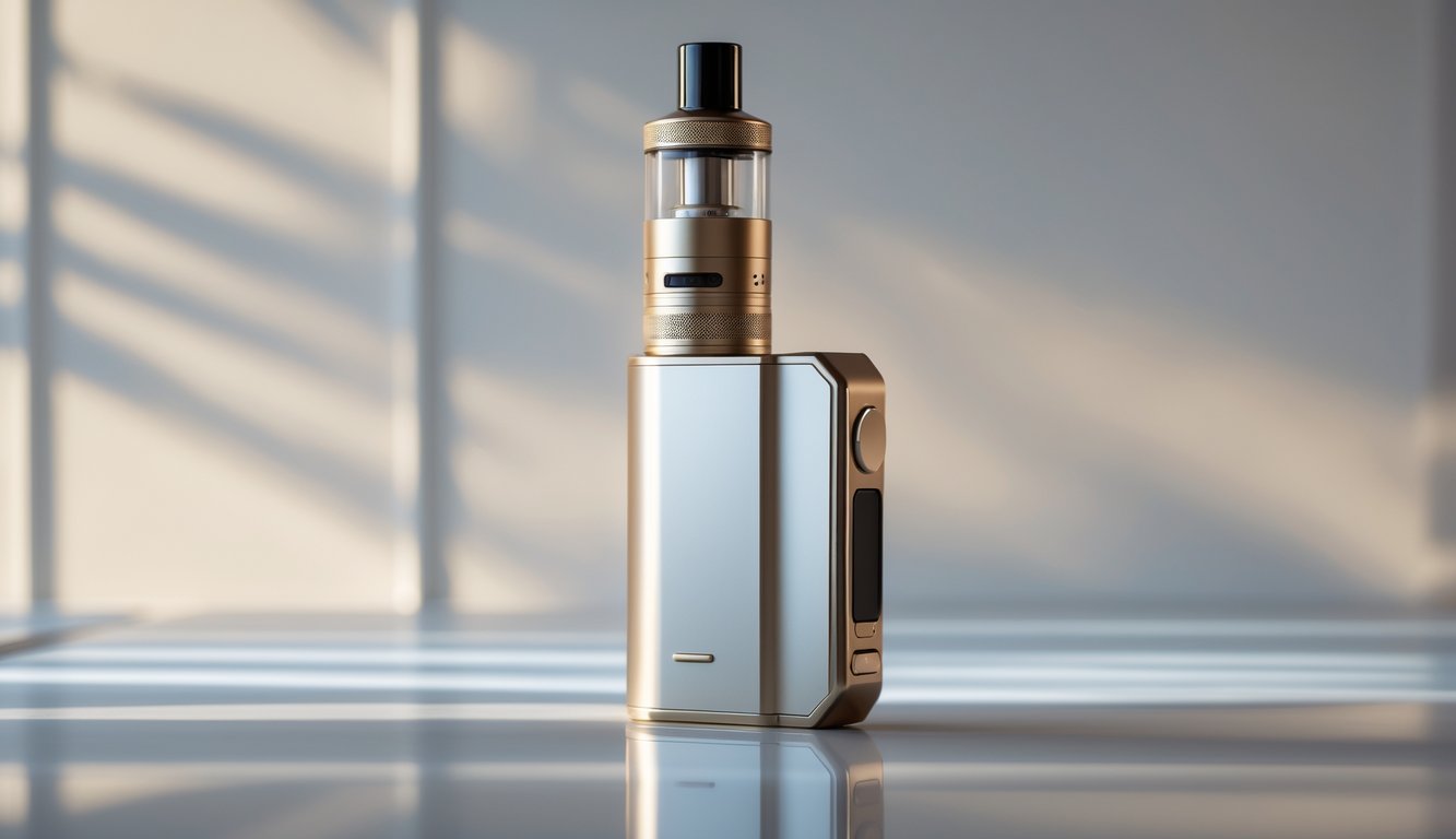 Foto vape elegan dengan desain mewah di atas permukaan reflektif, latar belakang minimalis.