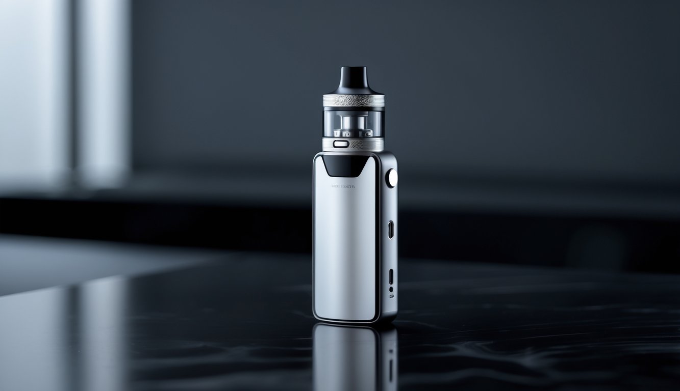 Perangkat vape kelas atas berwarna metalik diletakkan di atas permukaan hitam reflektif dengan latar belakang gelap yang samar.