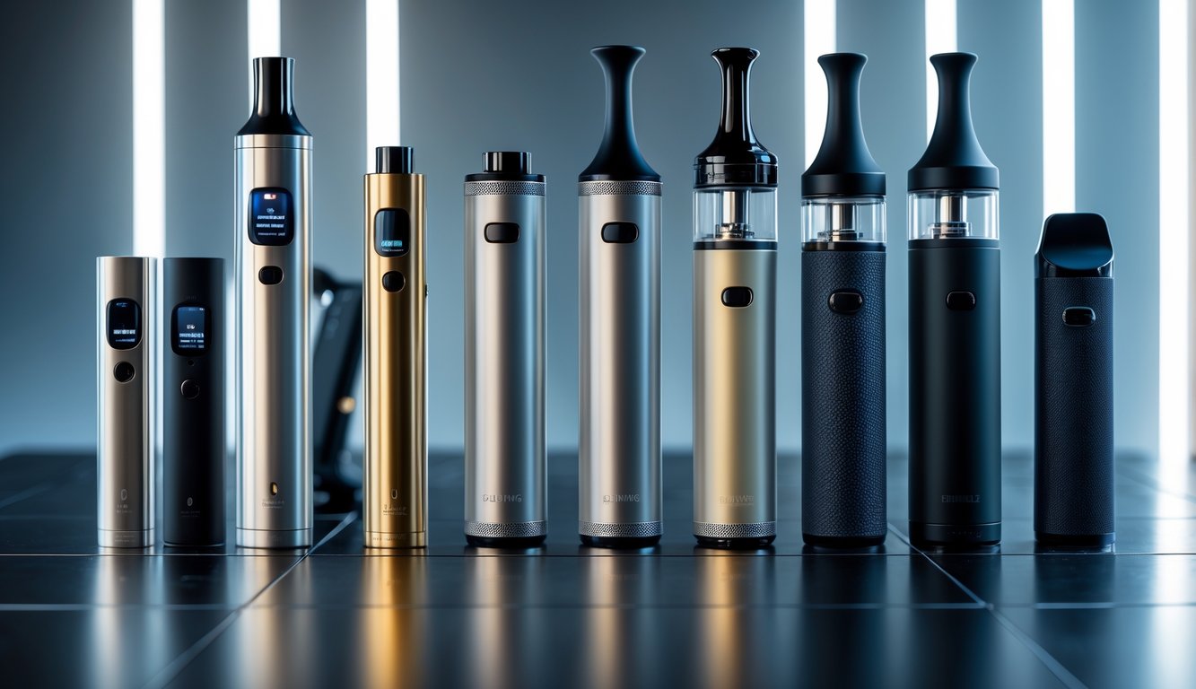Beberapa perangkat vape premium dengan desain modern tersusun rapi di atas permukaan hitam yang mengkilap.