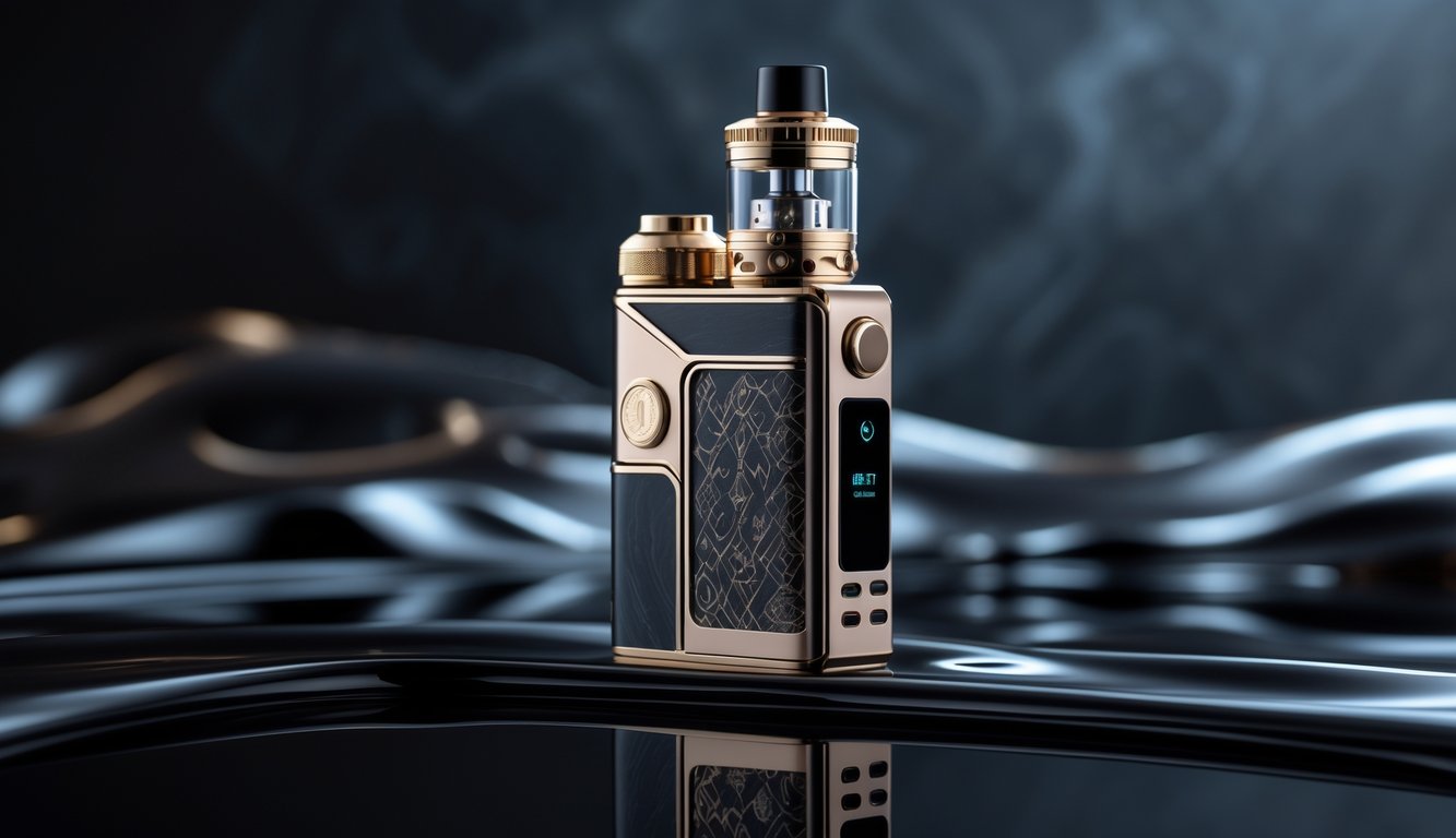 Sebuah vape eksklusif berdesain mewah dan detail, diletakkan di atas permukaan hitam yang memantulkan cahaya dengan latar belakang gelap.