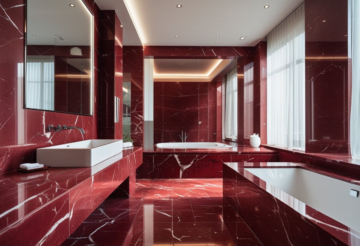 A bathroom with red marble walls, countertops, a white sink with chrome fixtures, a large mirror, and a bathtub.