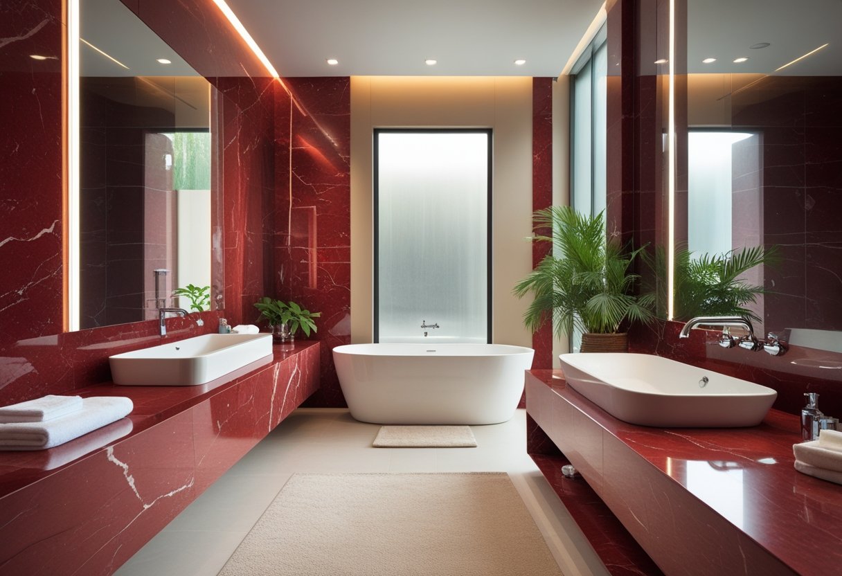A bathroom with red marble walls and countertops, a freestanding bathtub, a large mirror, and natural light coming through a window.