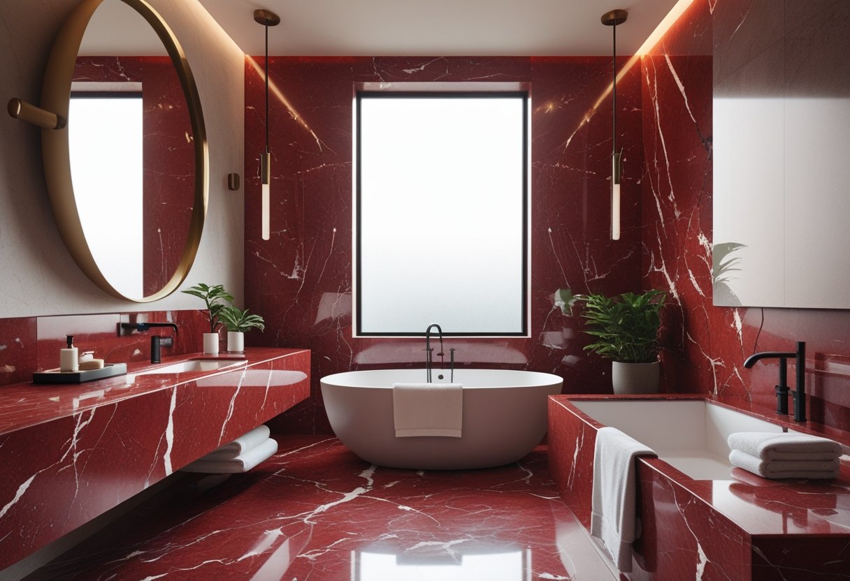 A bathroom with red marble walls and countertop, a large mirror, a freestanding bathtub, and elegant fixtures.