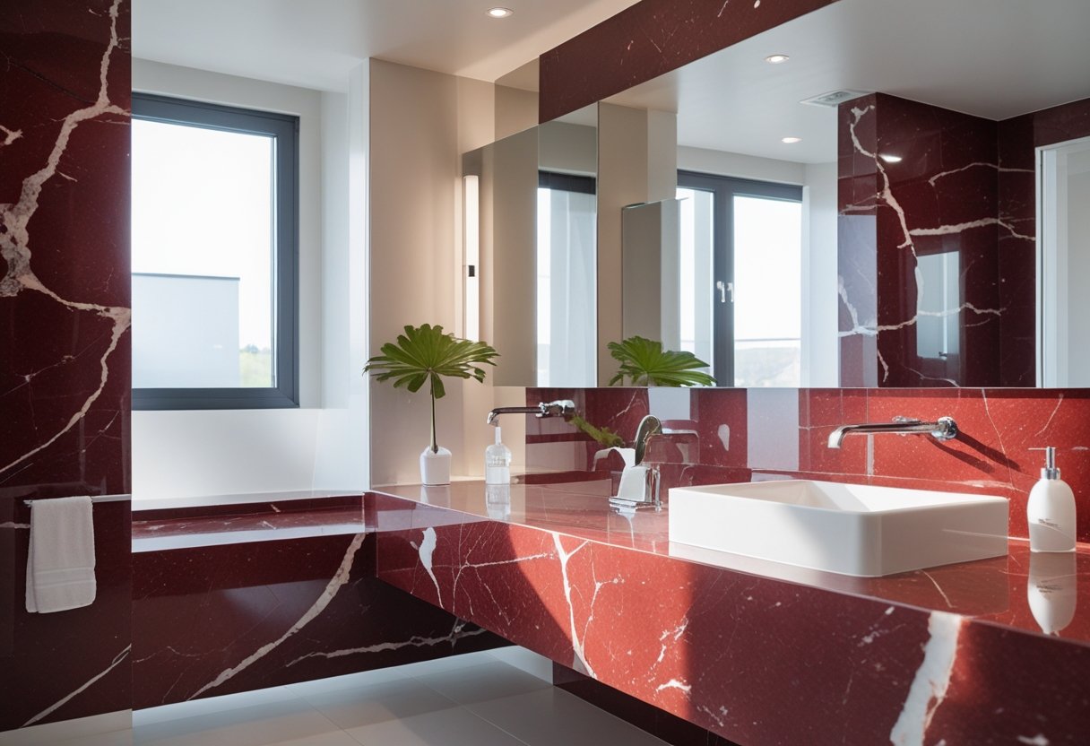 A modern bathroom with red marble countertop and walls, a white sink, chrome faucet, and a mirror reflecting natural light.