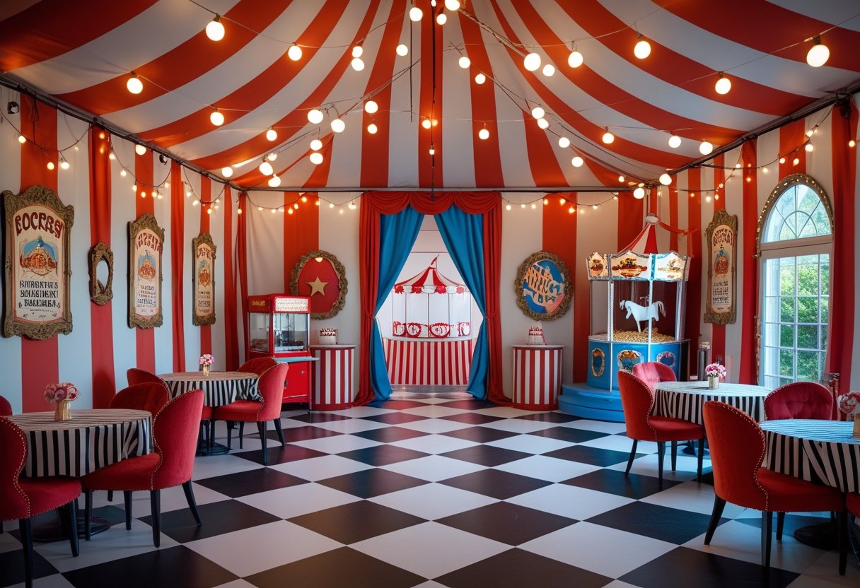 Interior of a room decorated with circus-themed elements including striped walls, vintage posters, a carousel horse, and string lights.