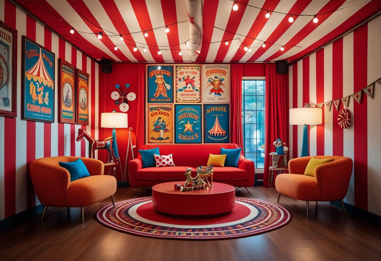 An interior room decorated with red and white striped walls, colorful circus-themed decorations, modern furniture, and warm lighting.