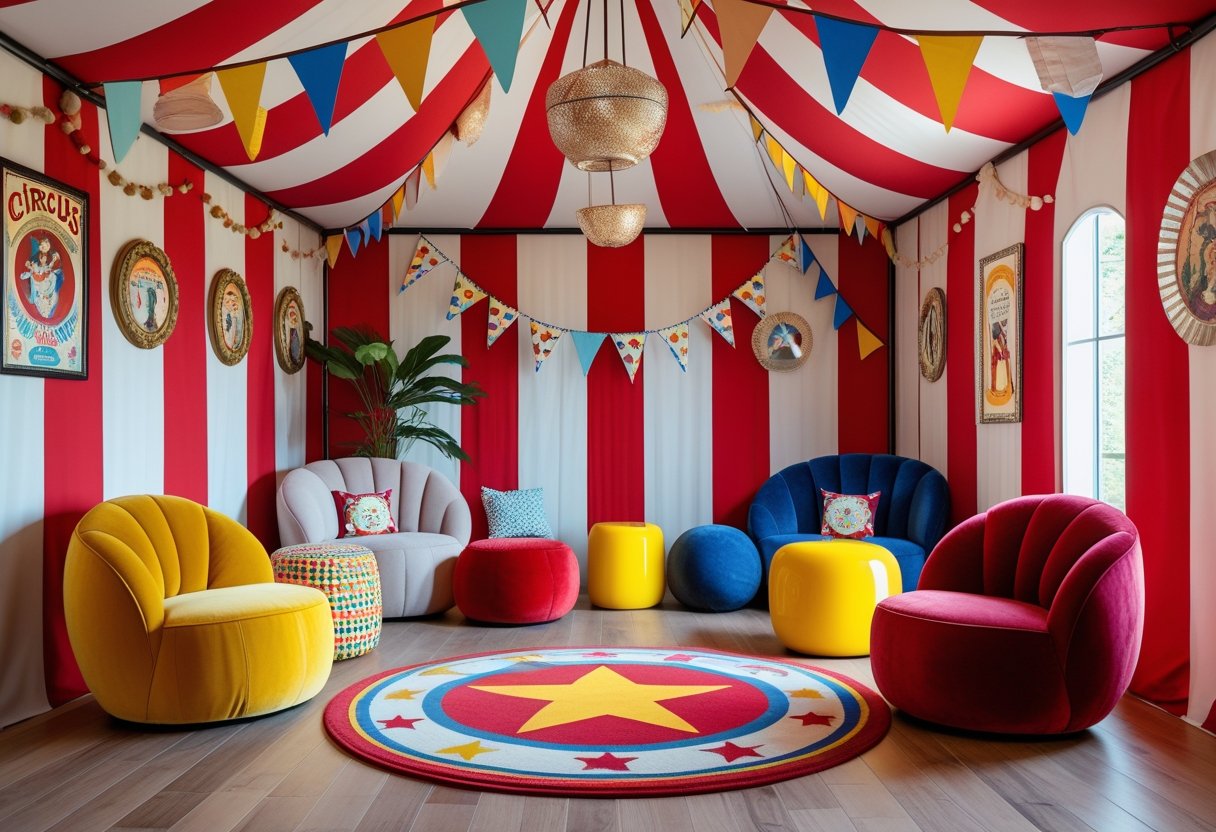 A colorful indoor living space with striped walls, playful furniture, and decorative flags creating a lively atmosphere.