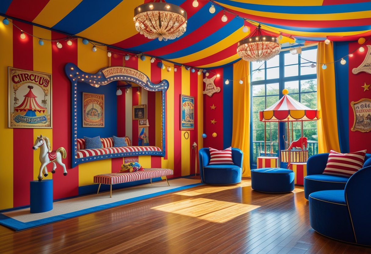 Interior room decorated with colorful circus-themed elements including striped walls, a carousel horse sculpture, and circus lights.