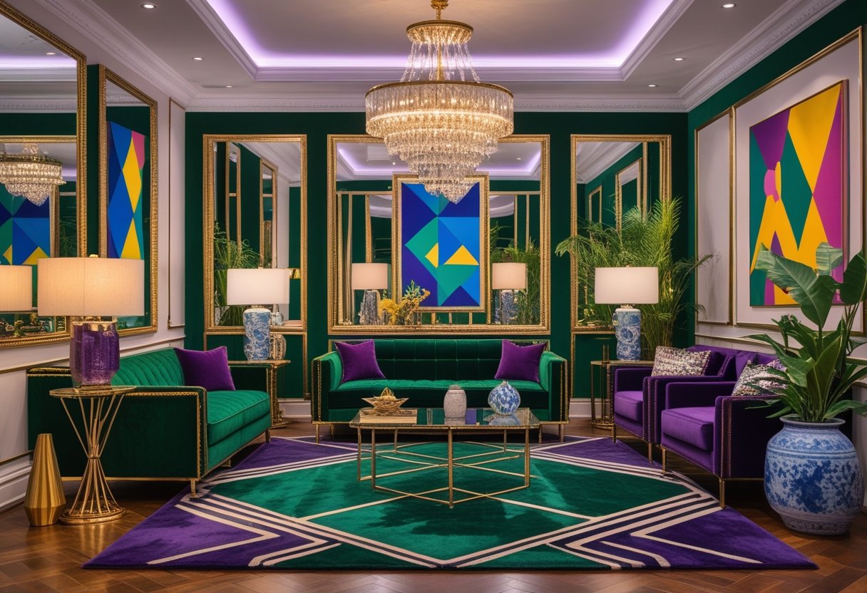 A luxurious room with velvet sofas, geometric rug, glass coffee table, abstract wall art, and a crystal chandelier.