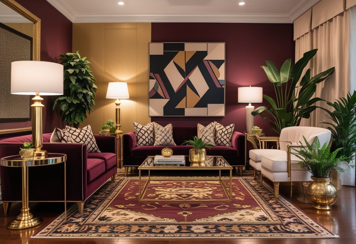 A luxurious living room with a velvet sofa, glass coffee table, abstract wall art, and decorative plants.