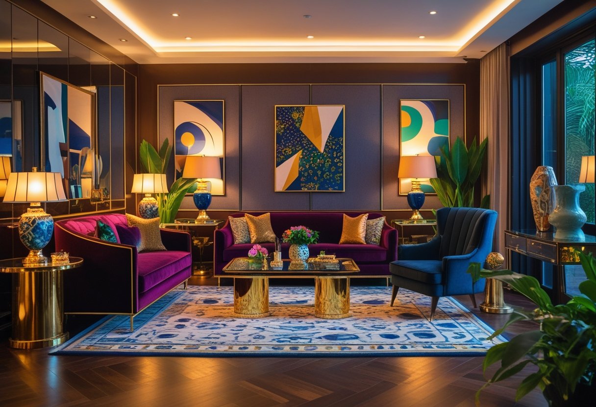 A luxurious living room with a velvet sofa, glass coffee table, decorative sculptures, vintage lamps, abstract wall art, patterned rug, and green plants.