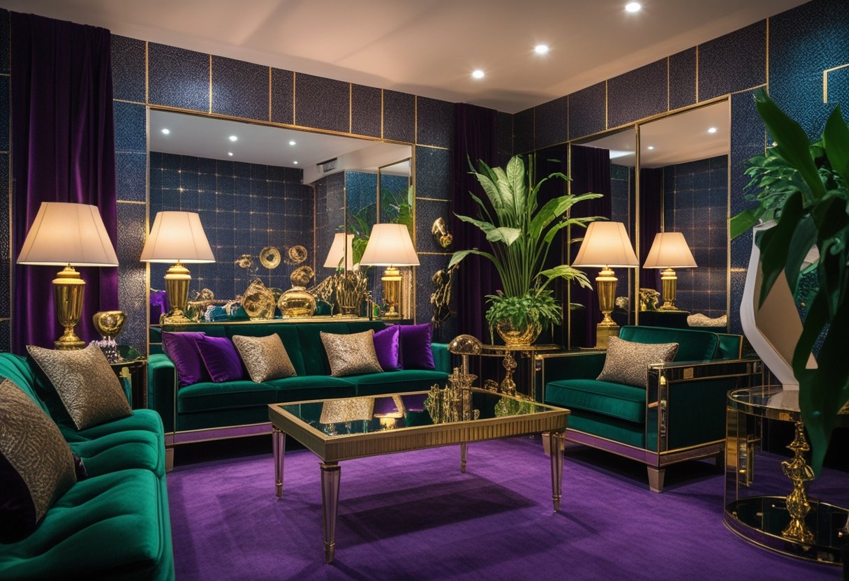 A luxurious 1980s-inspired room with velvet furniture, geometric wallpaper, mirrored tables, vintage lamps, and decorative plants.