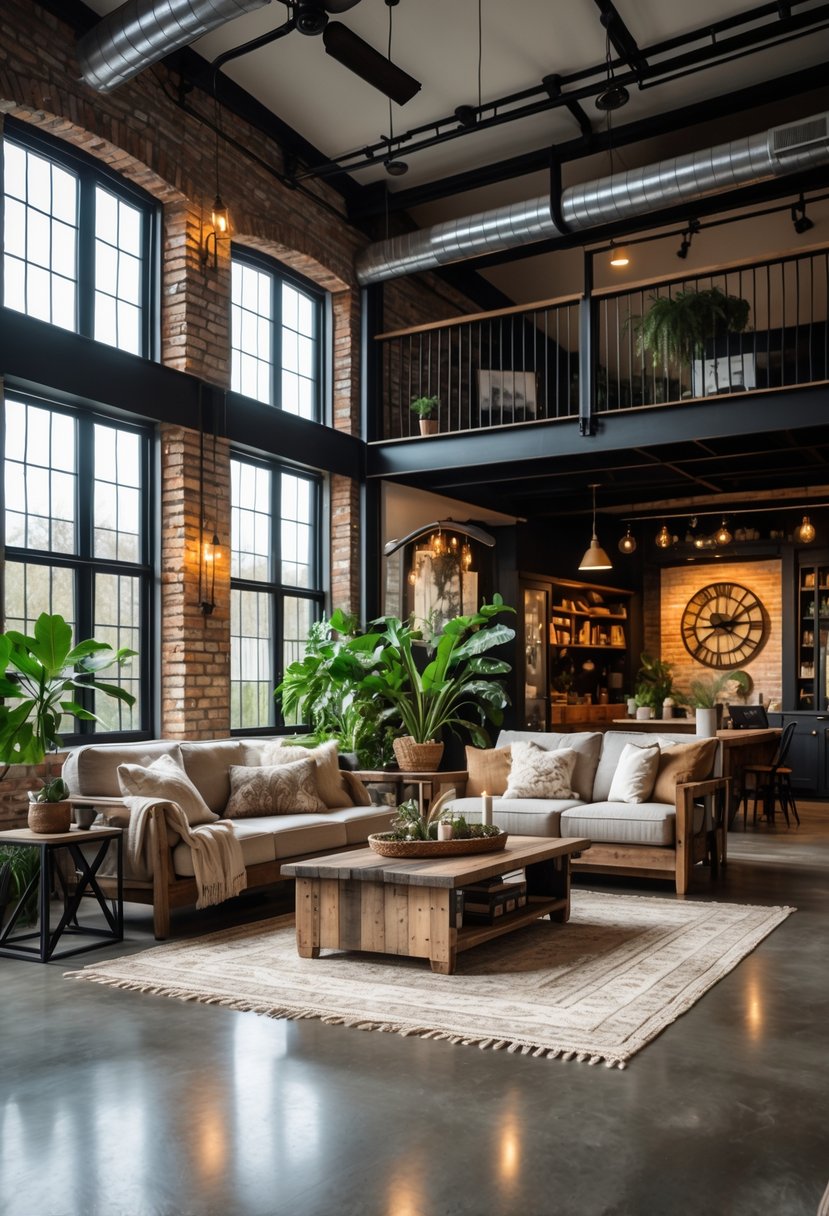 A living room with exposed brick walls, large windows, a sofa, wooden coffee table, plants, and industrial-style lighting.