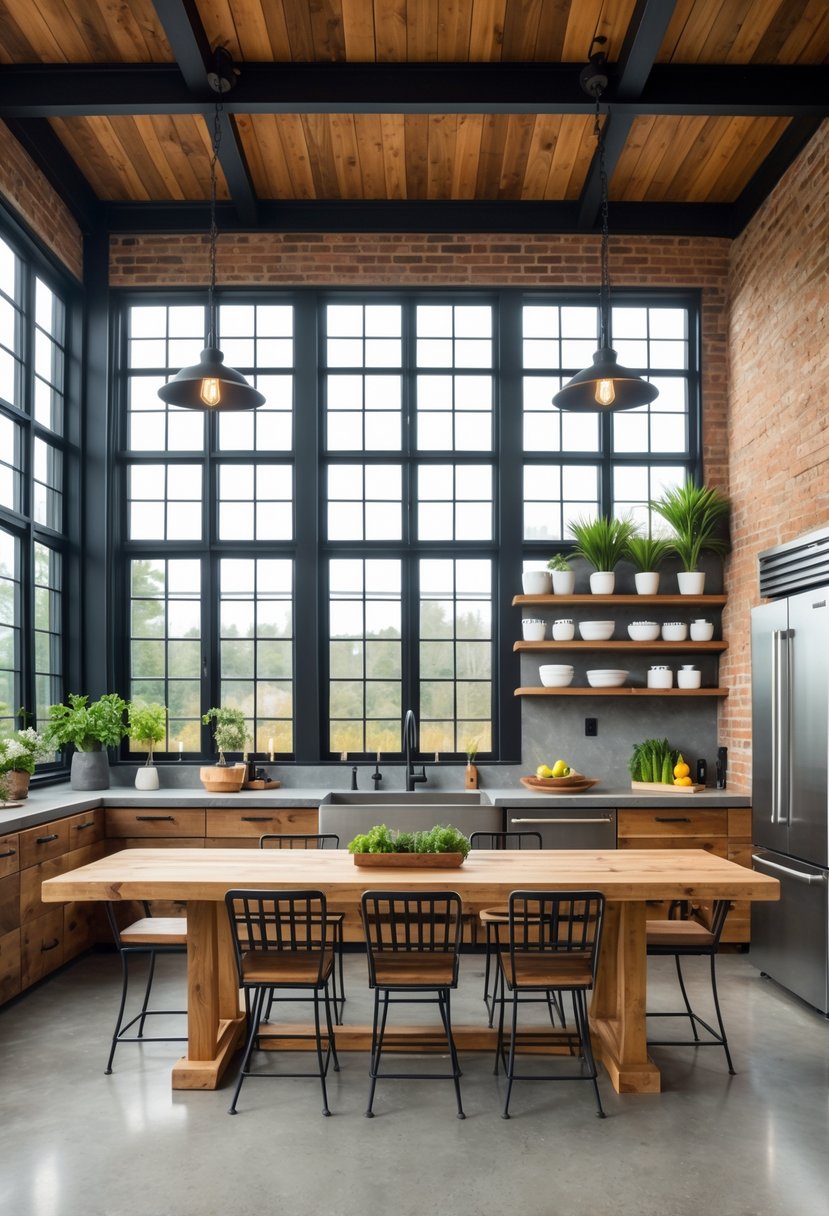 A bright kitchen with a long wooden table, metal chairs, exposed brick walls, large windows, stainless steel appliances, wooden shelves, and hanging pendant lights.
