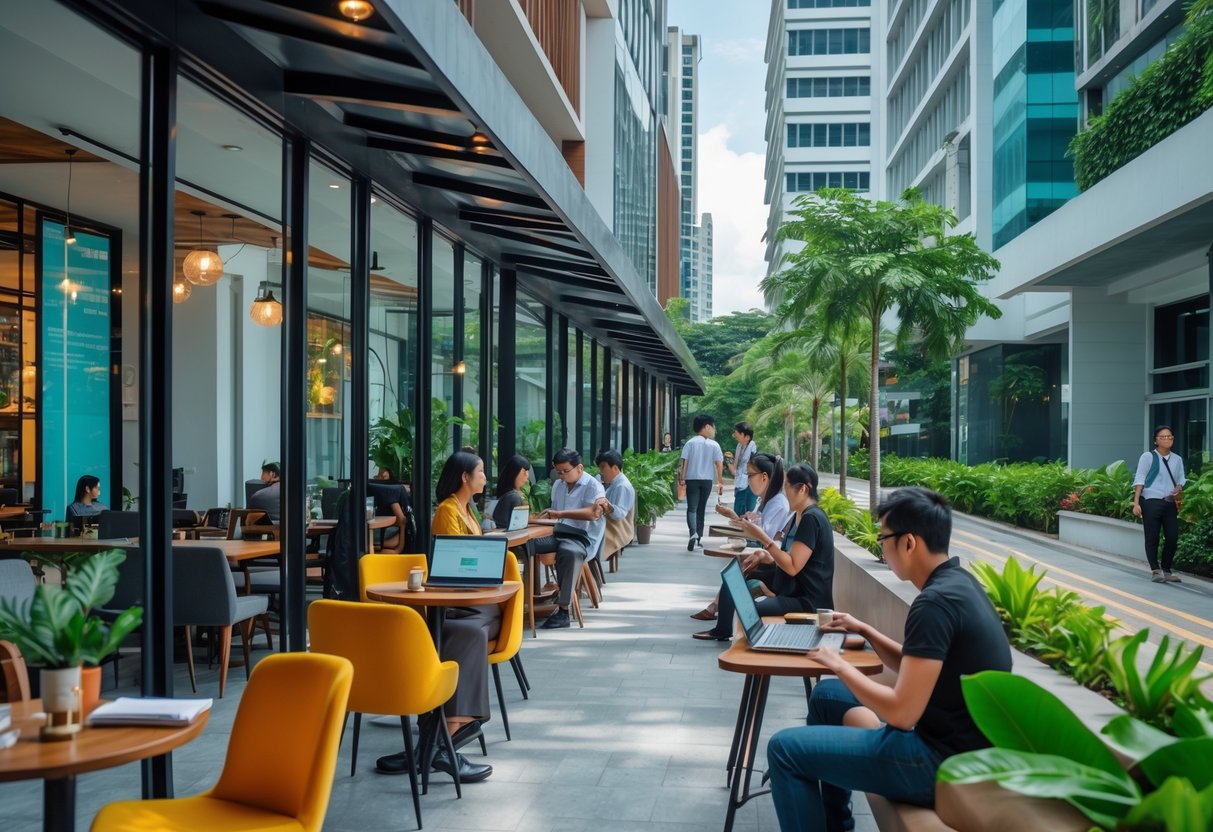 Outdoor cafes and work spots near modern office buildings with people working on laptops and socializing in a city setting.