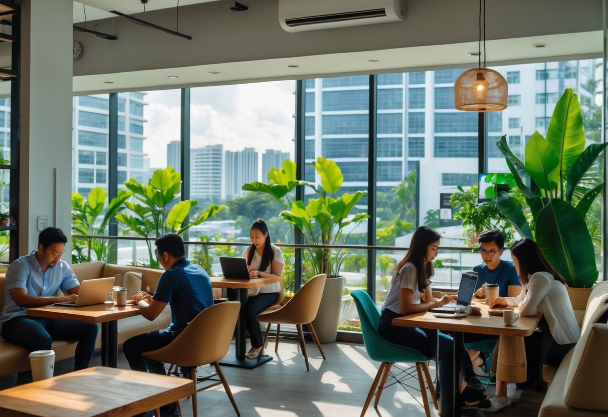 People working on laptops inside a modern café with large windows showing city buildings outside.