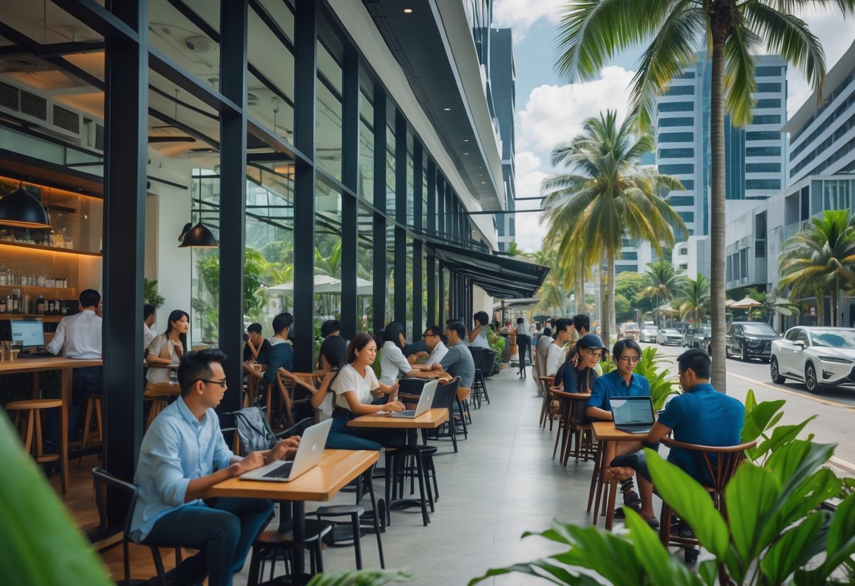 People working and socializing in a modern cafe near office buildings with greenery and palm trees around.