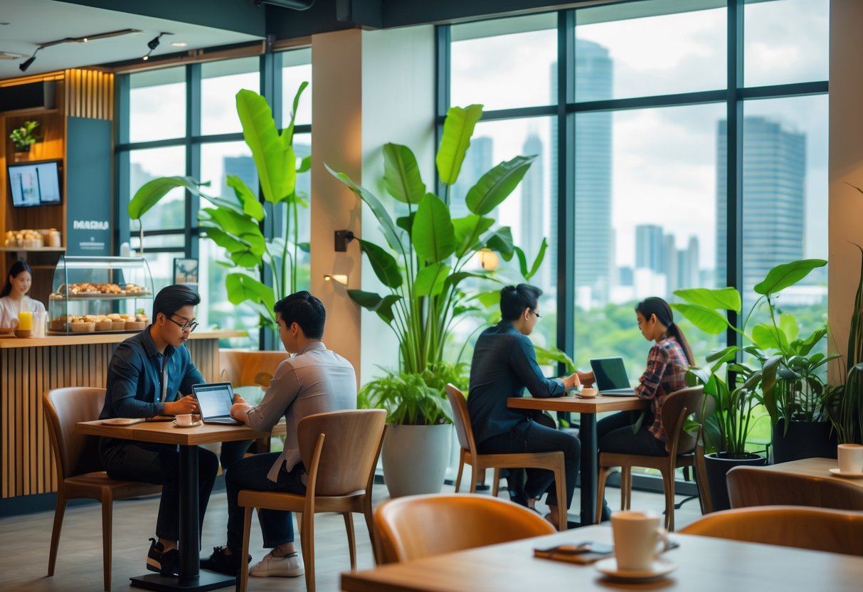 A modern café near Cebu IT Park with people working on laptops, natural light, plants, and a view of the city skyline.