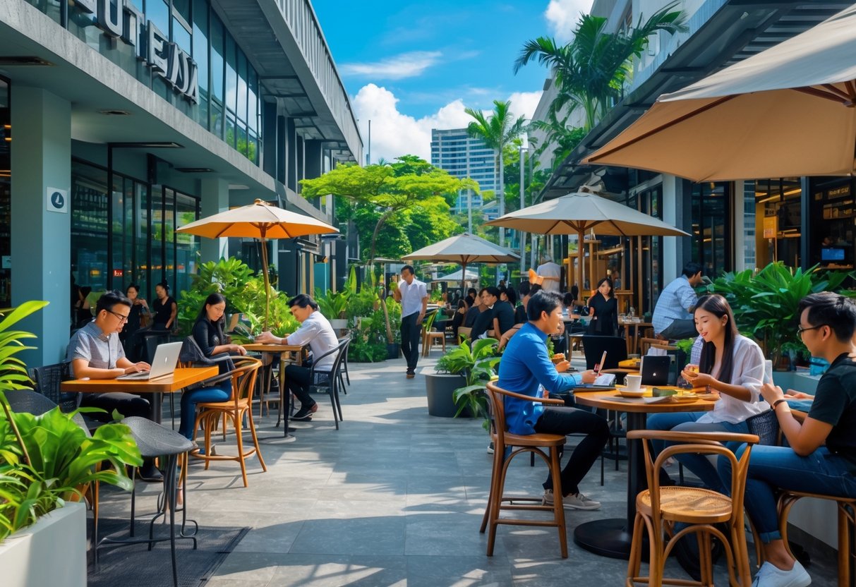 People working and socializing at outdoor cafes and work spots in a modern urban area with greenery and contemporary buildings.