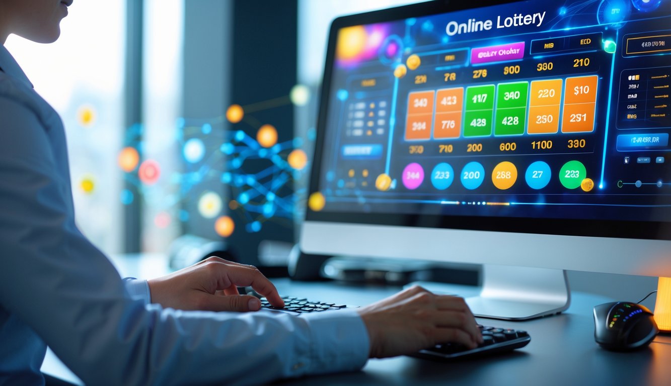 Seorang pengguna sedang bermain permainan togel online di komputer dengan tampilan layar berwarna cerah dan latar belakang teknologi digital.