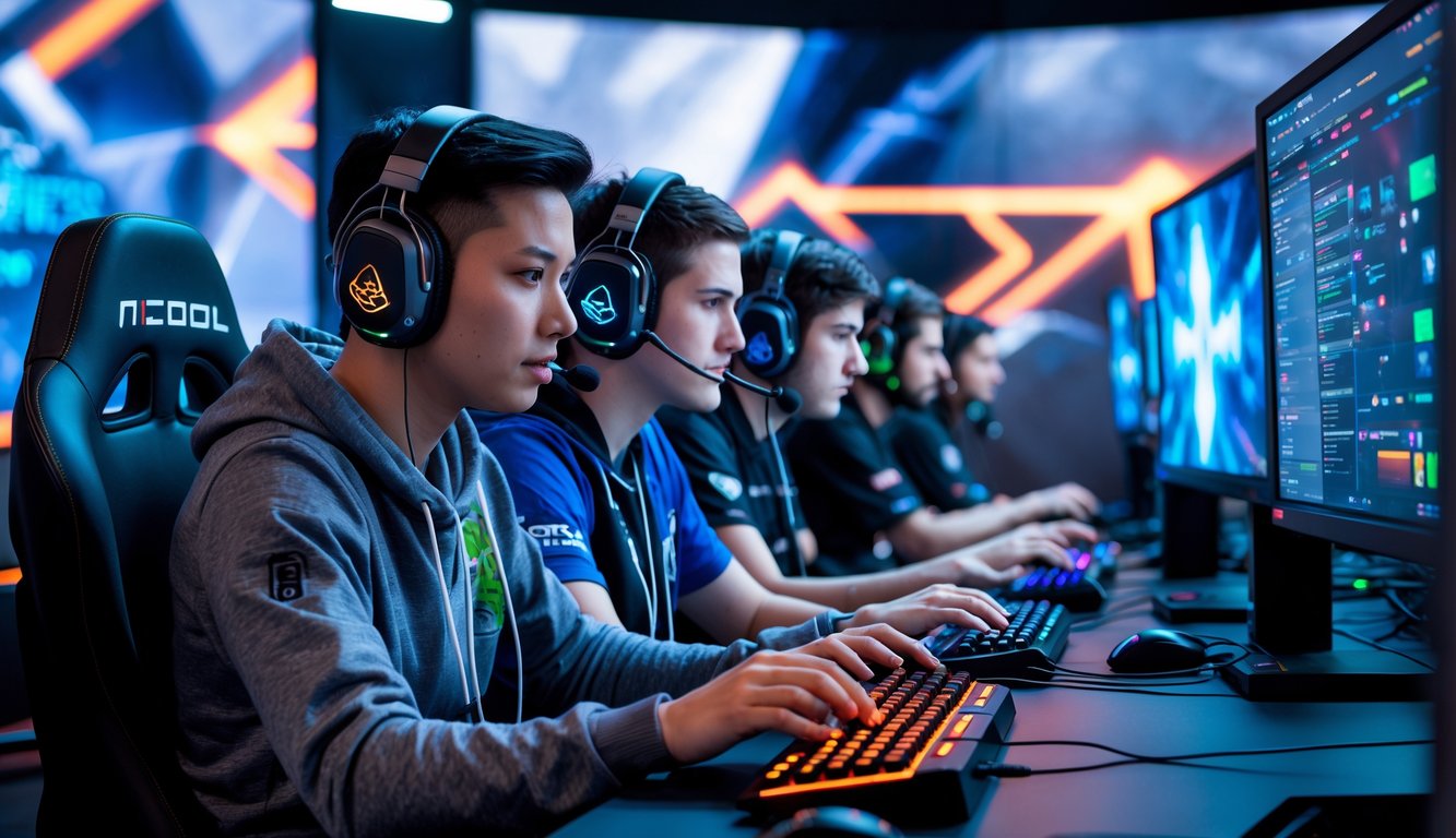 Sekelompok pemain e-sports sedang fokus bermain dalam kompetisi online resmi di studio gaming modern.