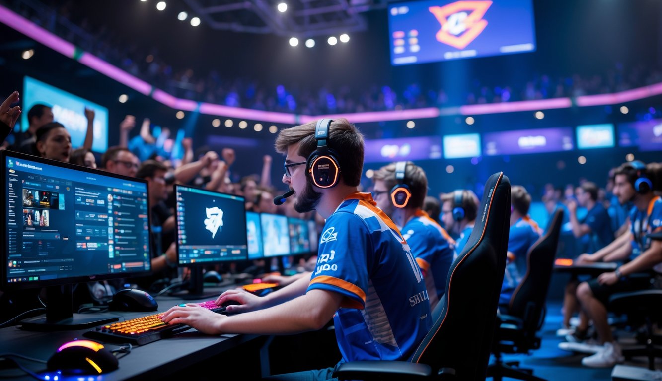 Suasana turnamen e-sports dengan pemain yang fokus bermain game di komputer, dikelilingi oleh penonton yang antusias.
