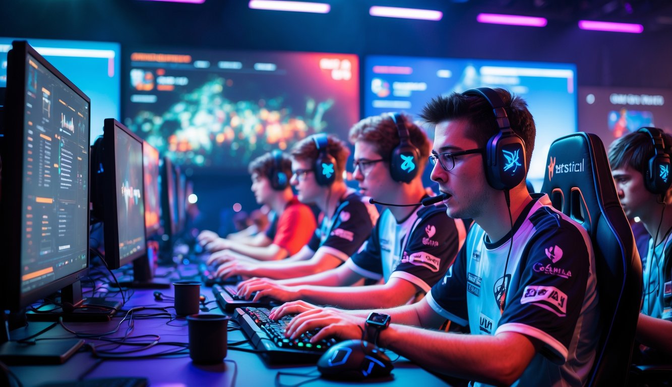 Beberapa pemain e-sports muda sedang bermain game dengan serius di ruang gaming modern yang penuh dengan komputer dan layar besar.