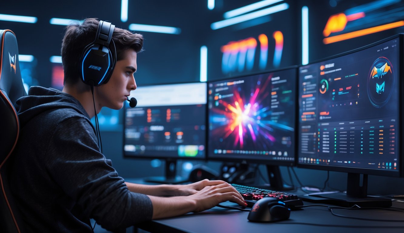 Seorang pemain esports profesional sedang bermain dengan fokus di depan beberapa monitor yang menampilkan statistik permainan secara lengkap.