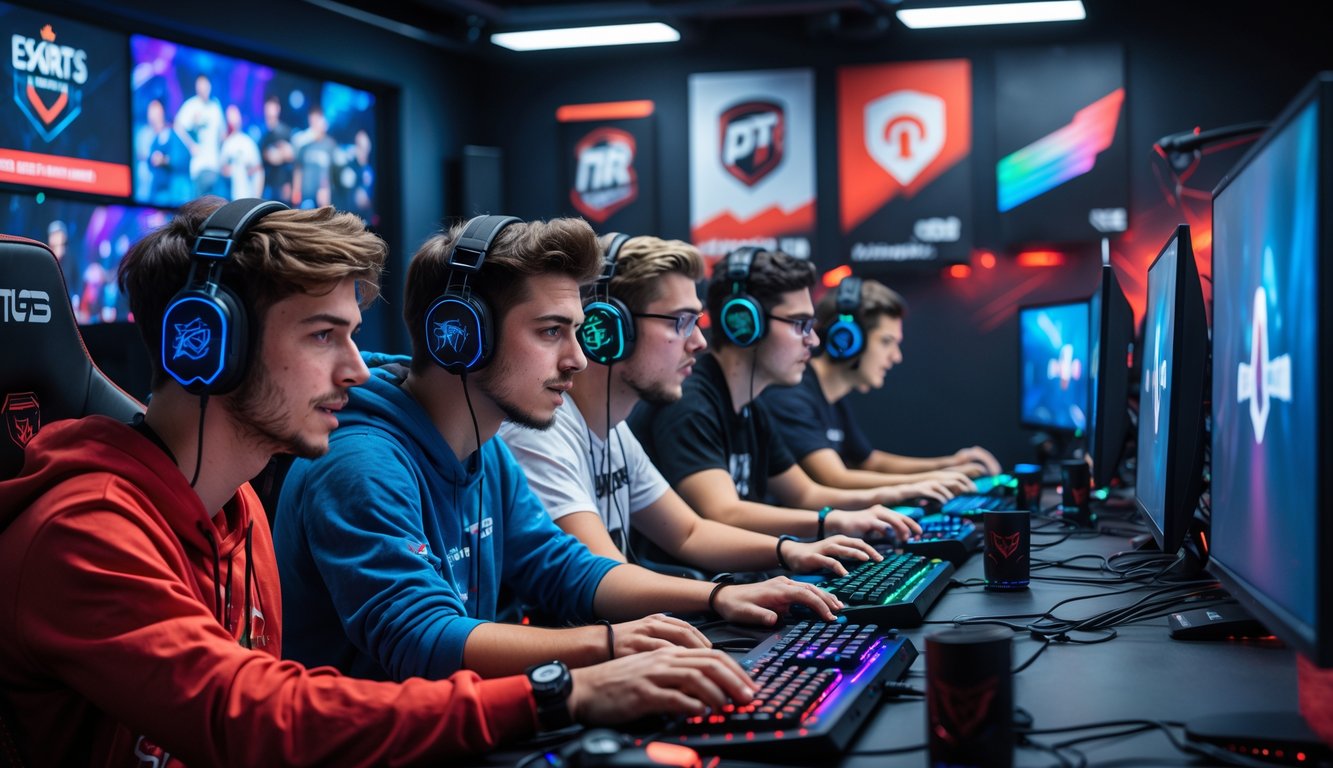 Sekelompok pemain muda sedang bermain game kompetitif online bersama di ruangan gaming modern.