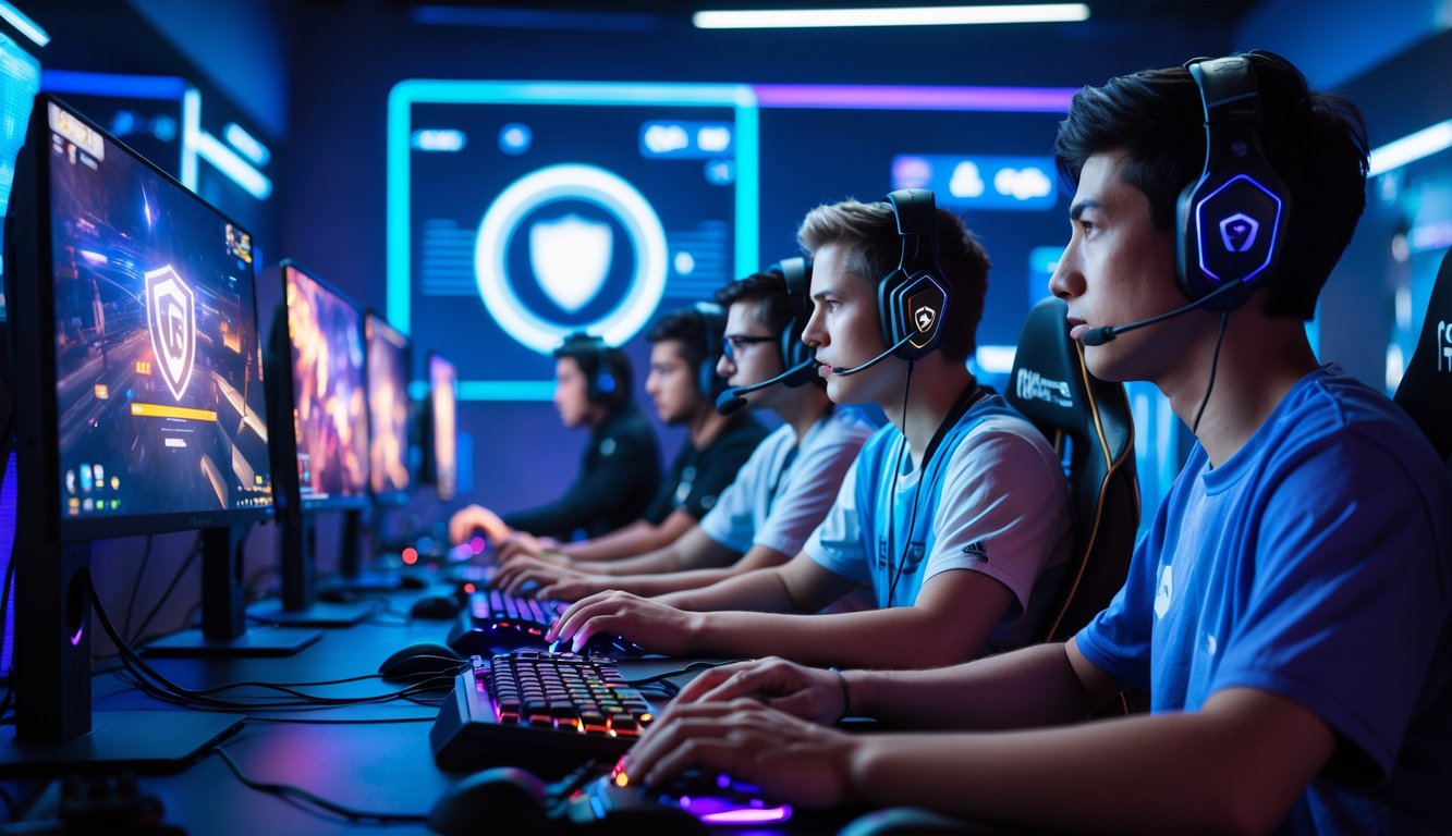 Sekelompok pemain e-sports muda sedang bermain game online bersama di ruangan modern dengan peralatan gaming lengkap dan suasana yang menekankan keadilan dalam kompetisi.