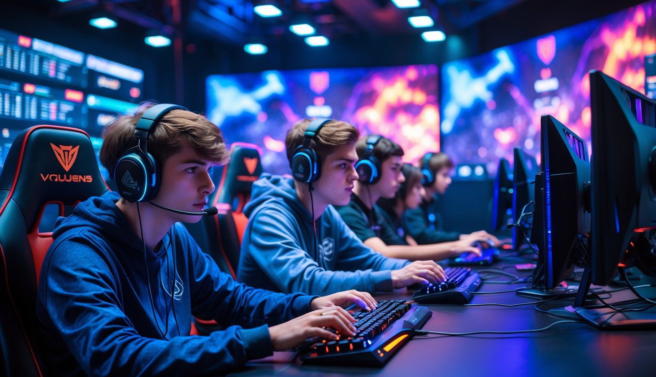 Sekelompok pemain e-sports fokus bermain di depan komputer dengan layar dan lampu warna-warni di ruangan kompetisi.