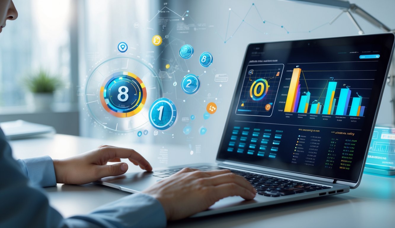 Seorang profesional sedang menggunakan laptop dengan grafik dan data statistik terkait togel online di meja kerja modern.