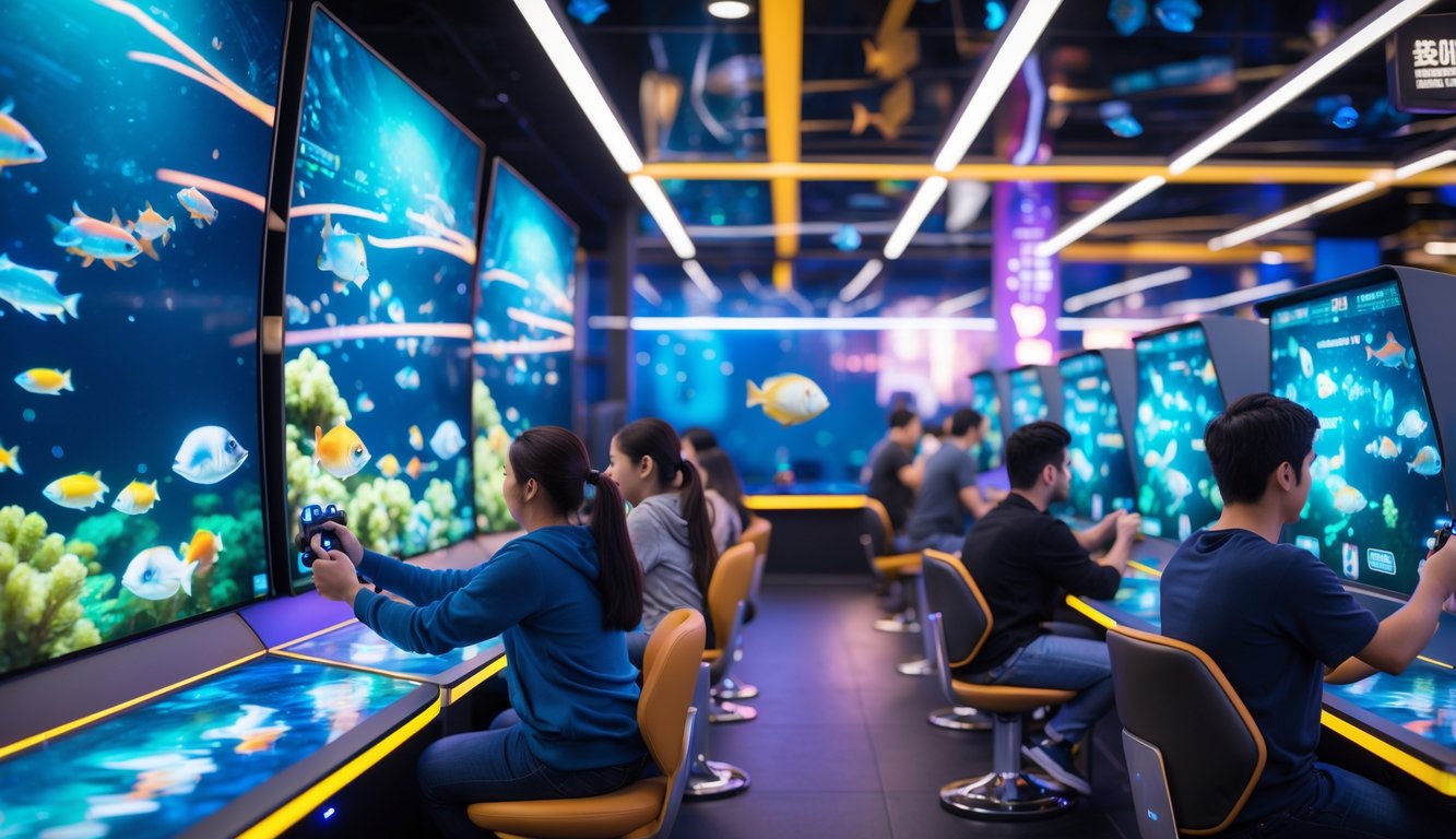 Suasana arena game interaktif dengan beberapa orang bermain permainan tembak ikan di stasiun permainan modern.