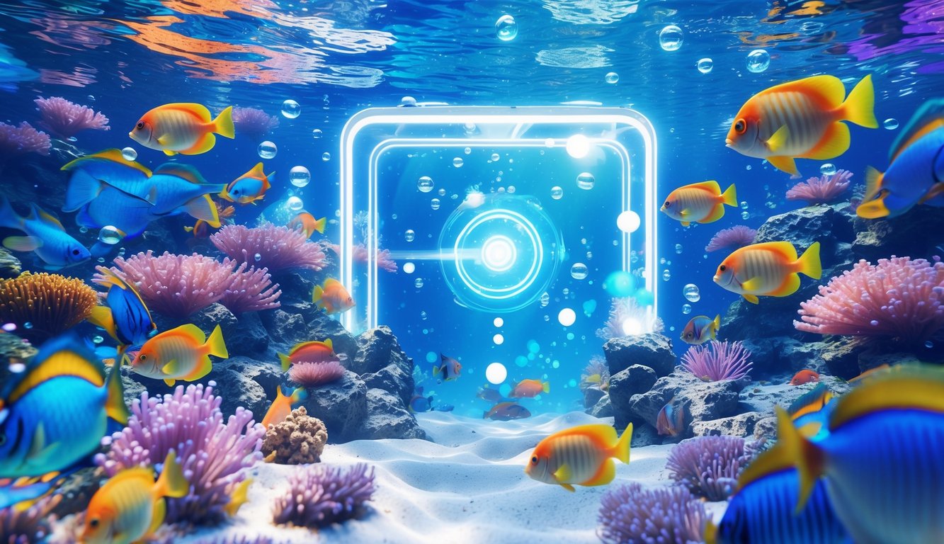 Pemandangan bawah laut dengan ikan berwarna-warni berenang di antara terumbu karang dan efek cahaya yang menciptakan suasana imersif.