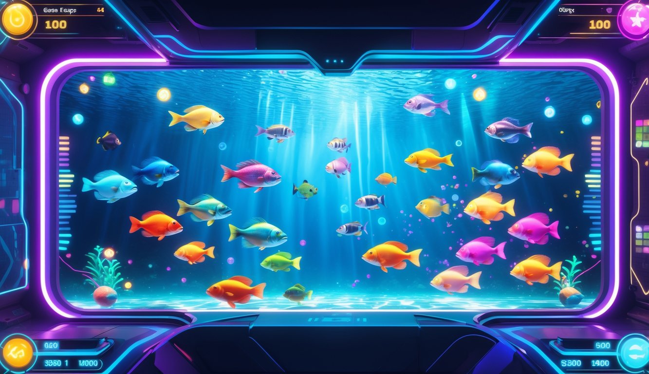 Layar permainan ikan tembak dengan berbagai jenis ikan berwarna-warni di latar bawah laut digital.