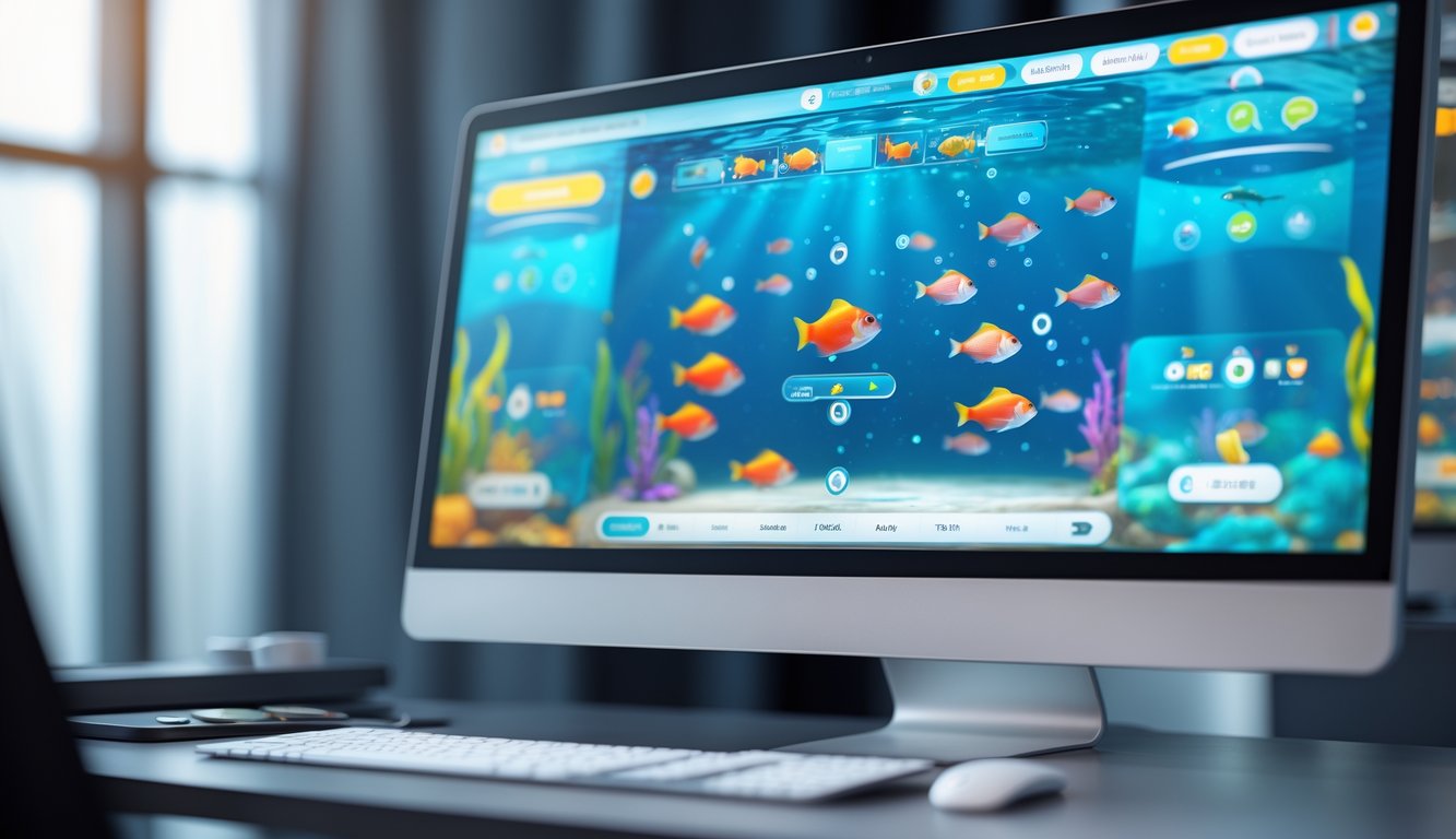 Layar komputer menampilkan permainan tembak ikan dengan grafis bawah laut berwarna-warni dan kontrol permainan yang responsif.