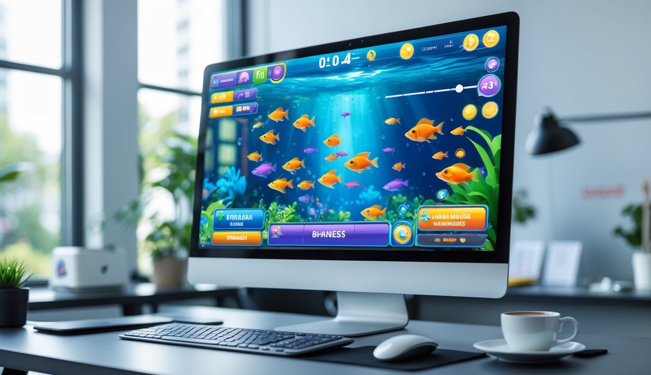 Layar komputer menampilkan permainan tembak ikan modern dengan grafis warna-warni dan fitur tantangan harian di sebuah meja kerja yang rapi.