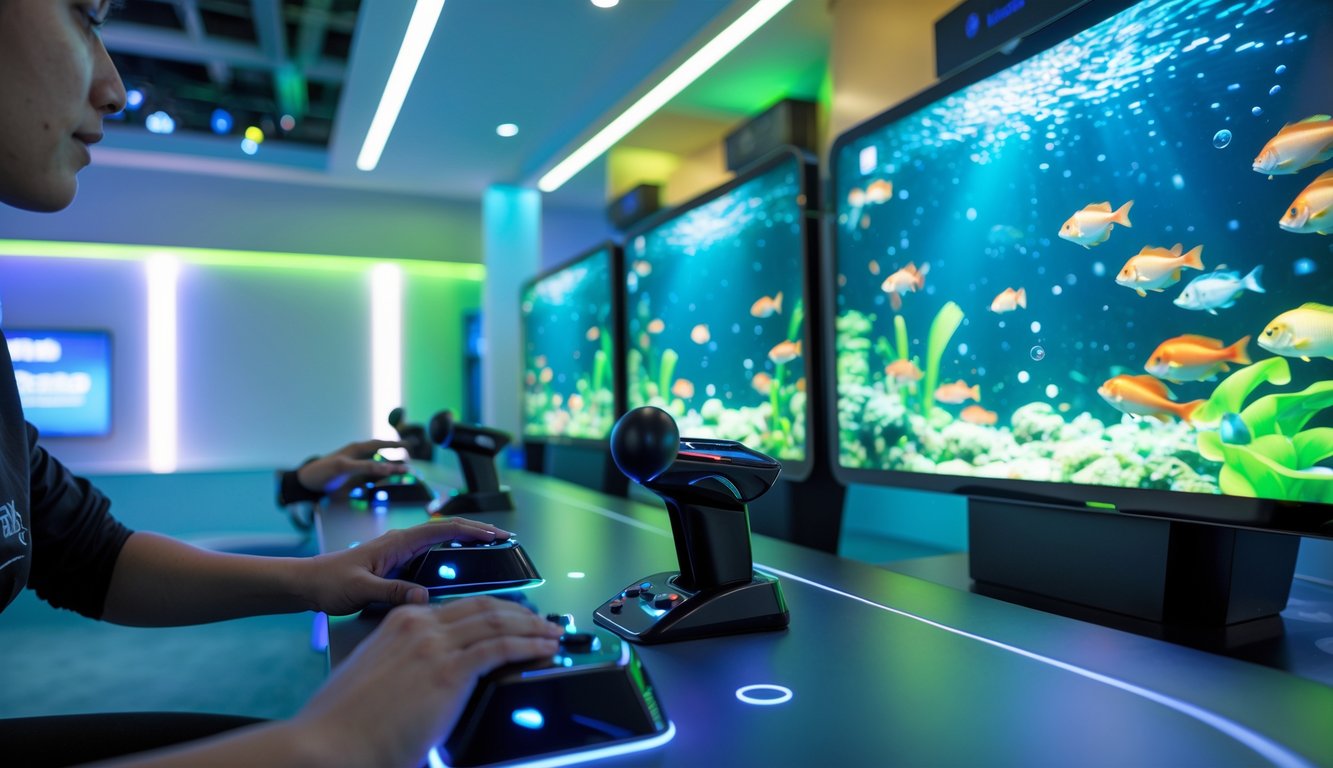 Seorang pemain menggunakan kontrol presisi tinggi pada permainan tembak ikan dengan layar yang menampilkan ikan berwarna-warni di latar bawah laut.
