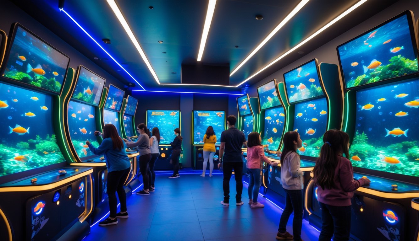 Orang-orang bermain permainan tembak ikan di ruang arcade modern dengan mesin permainan berteknologi tinggi dan pencahayaan warna-warni.