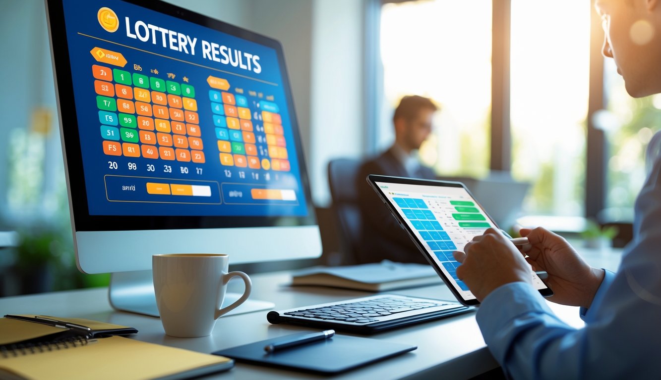 Suasana kantor modern dengan komputer yang menampilkan grafik dan angka, seseorang sedang menganalisis data menggunakan tablet di meja kerja yang rapi.