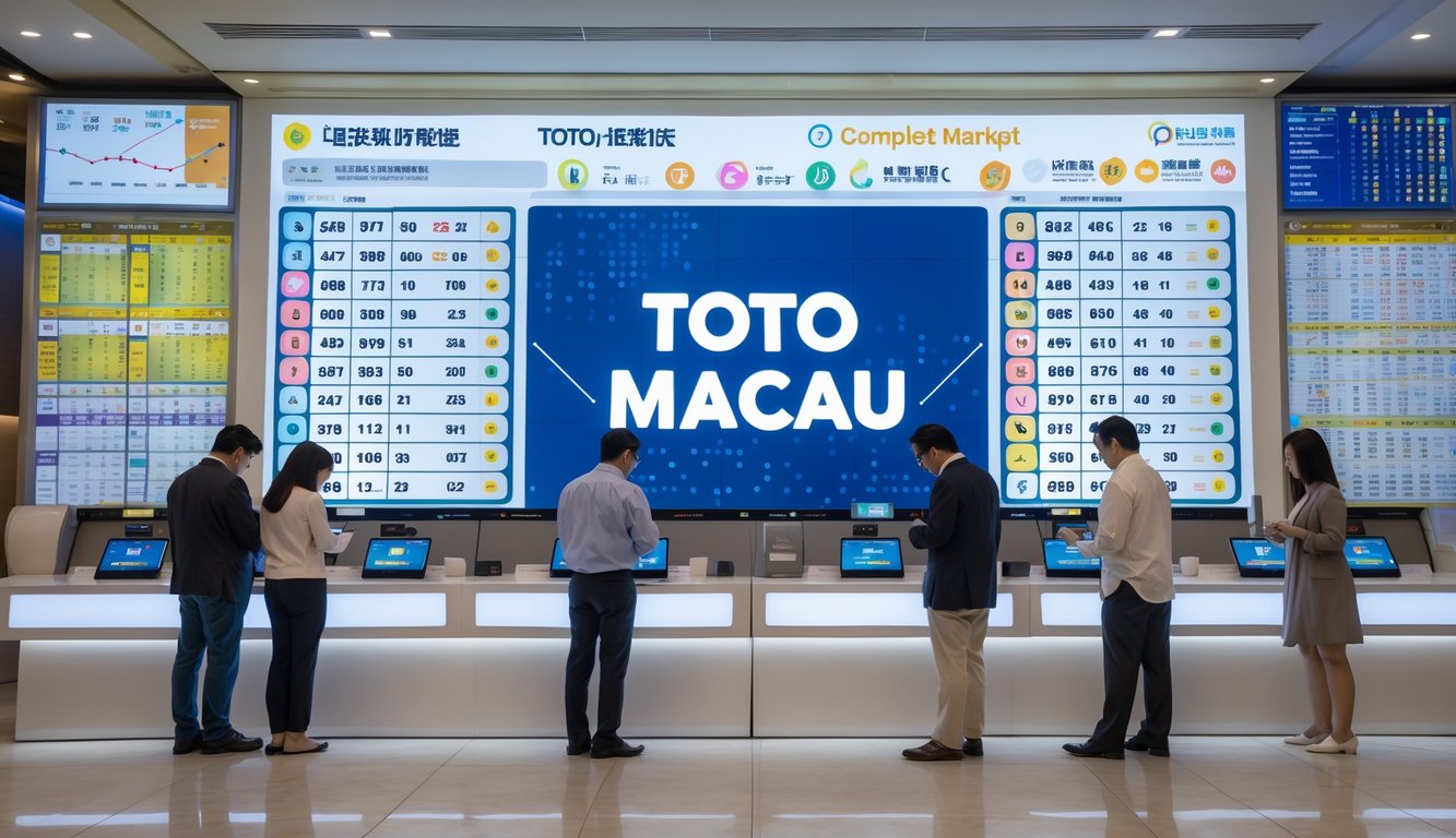 Orang-orang sedang memeriksa angka dan memasang taruhan di lingkungan taruhan Toto Macau dengan papan digital menampilkan berbagai angka dan peluang taruhan.