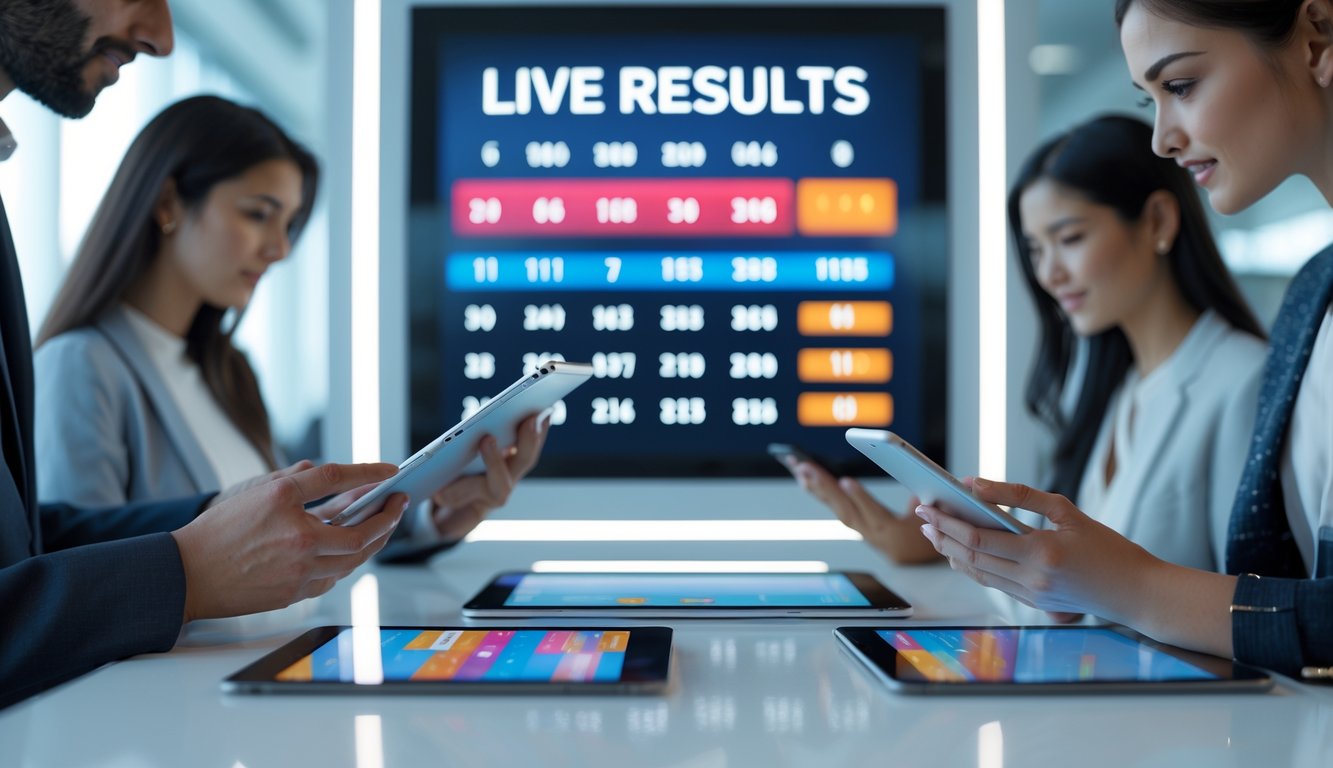 Orang-orang menggunakan perangkat elektronik di ruangan modern dengan layar digital menampilkan hasil secara langsung.