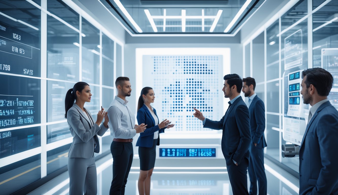 Beberapa profesional bekerja dengan layar digital yang menampilkan angka dan grafik dalam sebuah kantor modern.