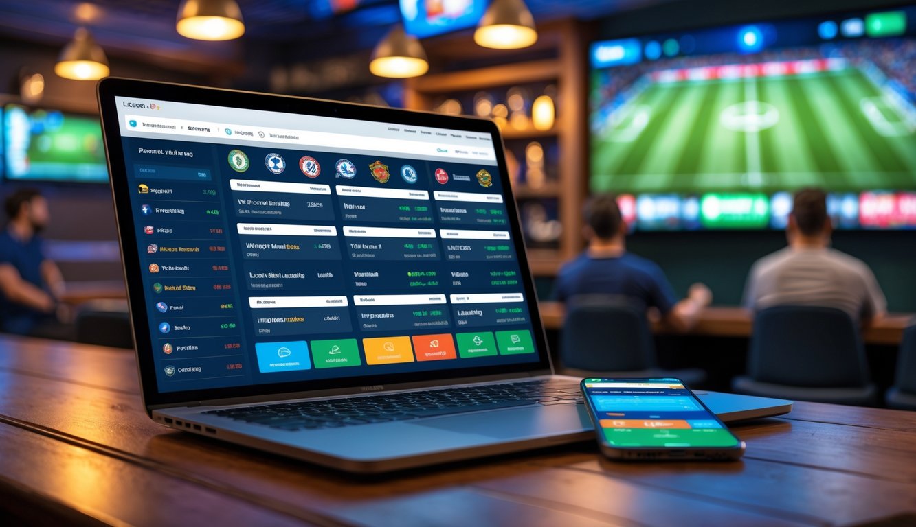 Antarmuka taruhan olahraga digital dengan jadwal pertandingan sepak bola lengkap ditampilkan di laptop dan ponsel di meja kayu, dengan latar belakang bar olahraga dan penggemar sepak bola.