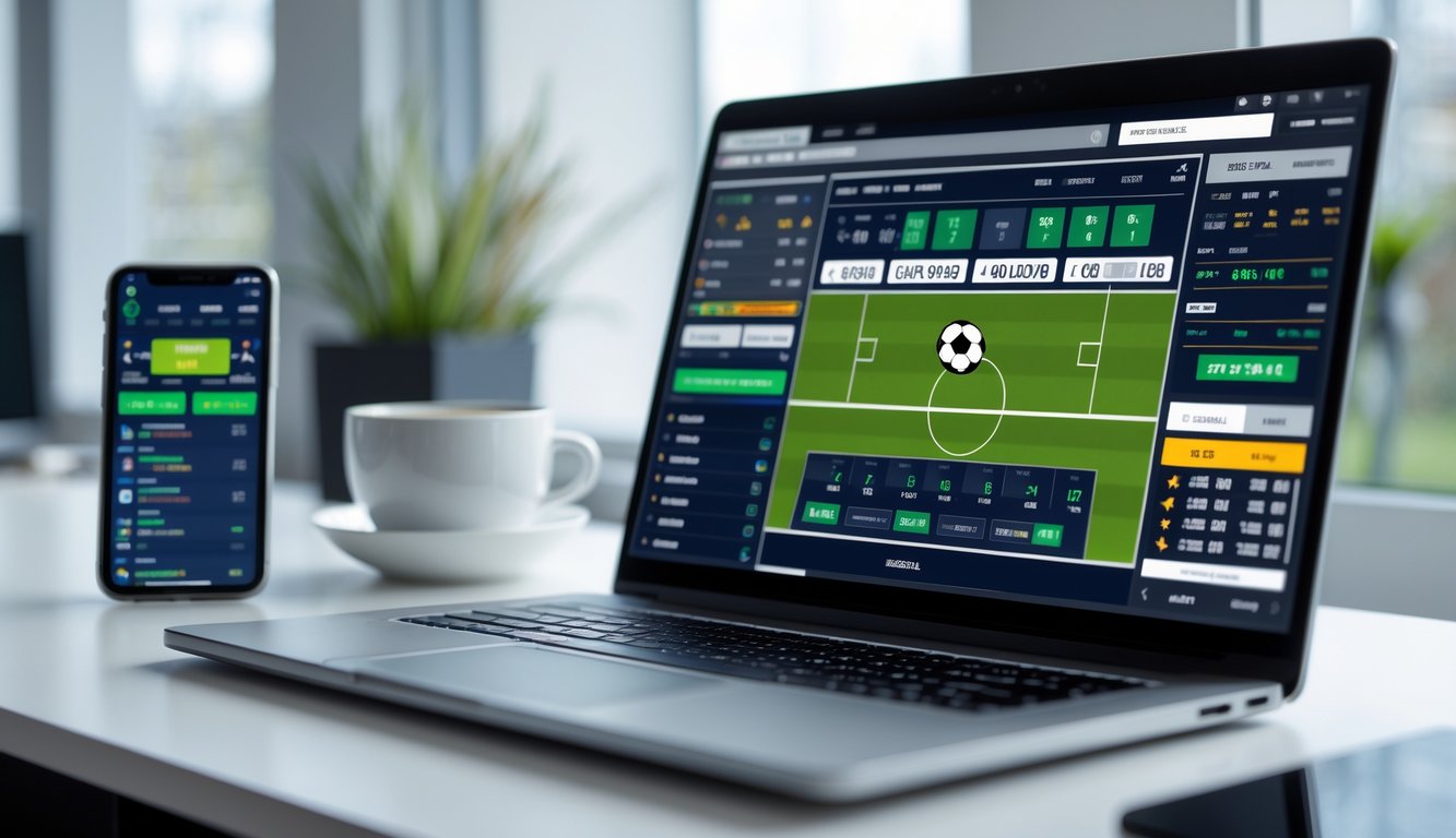 Seorang pengguna bekerja dengan laptop yang menampilkan skor pertandingan sepak bola secara langsung di ruang kerja modern.